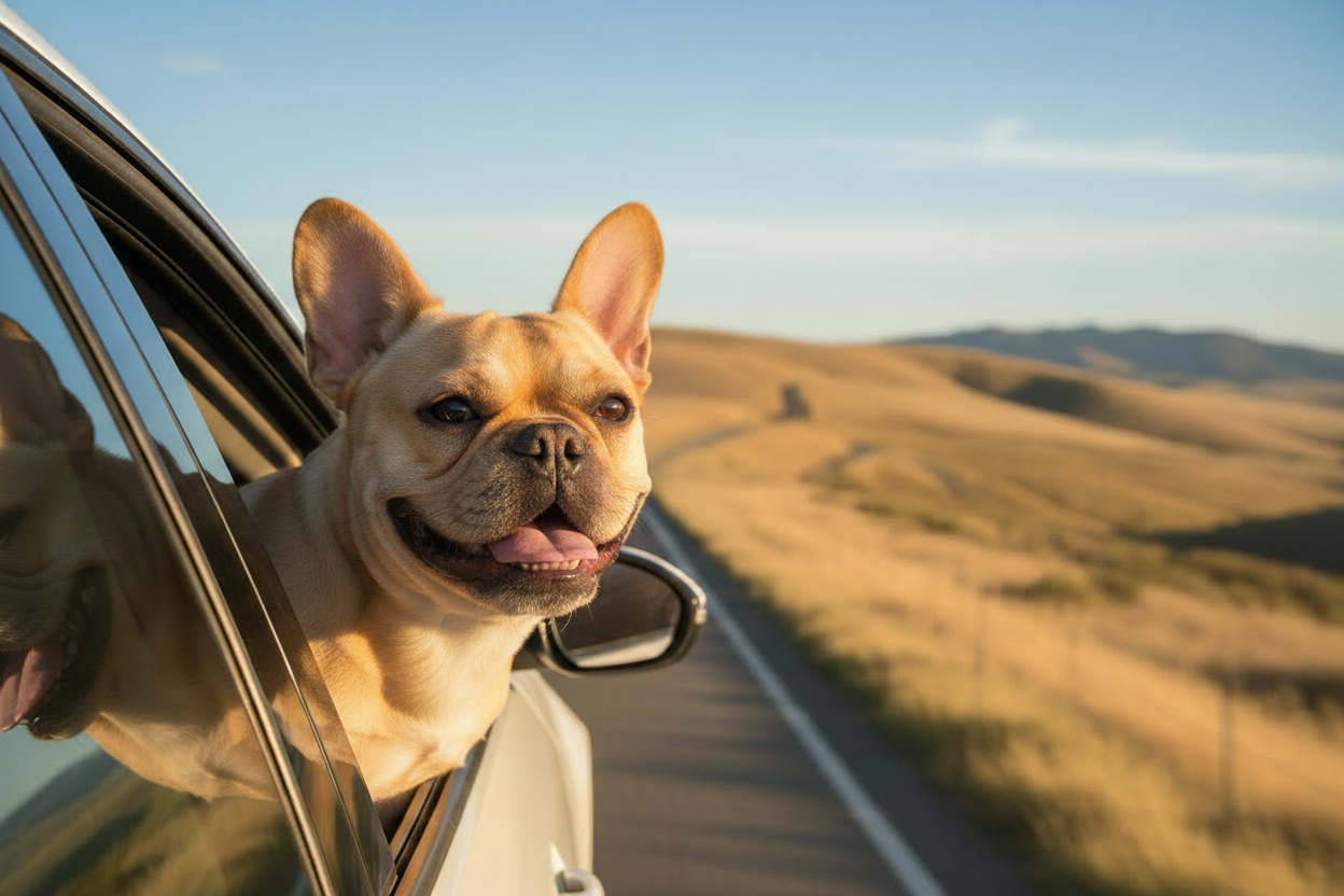French bulldog head out of car window